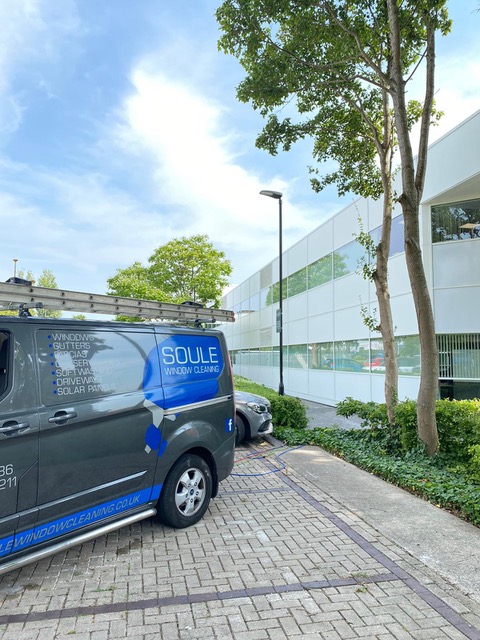 Photos of Soule Window Cleaning van next to commercial building cleaned by us. Photos of Soule Window Cleaning van next to commercial building cleaned by us.